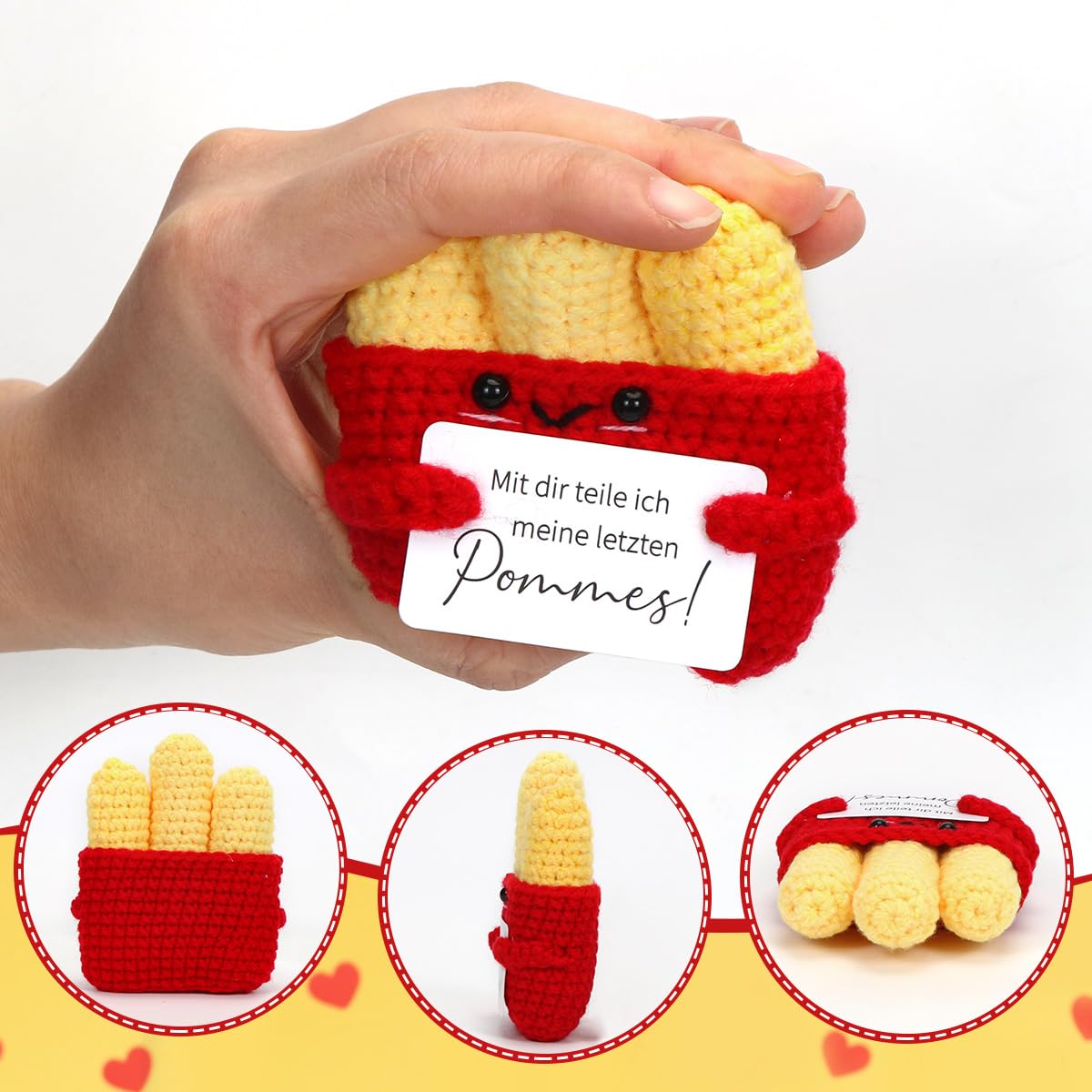 Cadimus Lustige Pommes Puppe,Gestrickte Pommesfrites,Pocket Hug Pommes Frites,Emotionale Unterstützung Strickpuppe,Positive Geschenke für Geburtstage, Weihnachten,Partyspielzeug, Partydekoration