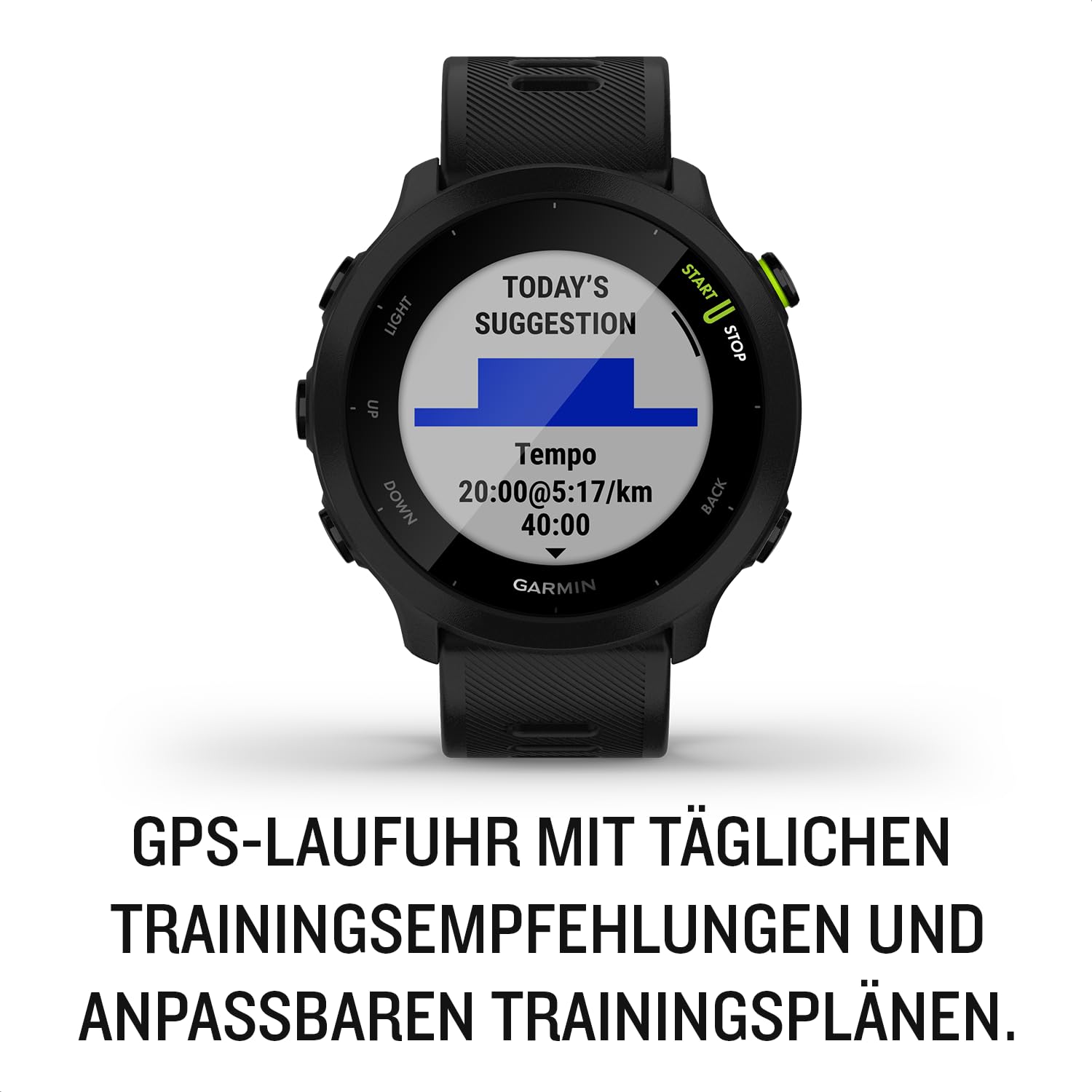 Garmin Forerunner 55 GPS-Laufuhr, 1,04“ Always-On-Farbdisplay, Trainingsempfehlungen, Laufzeitprognose, 15+ Sport-Apps, Schwarz, bis 14 Tage