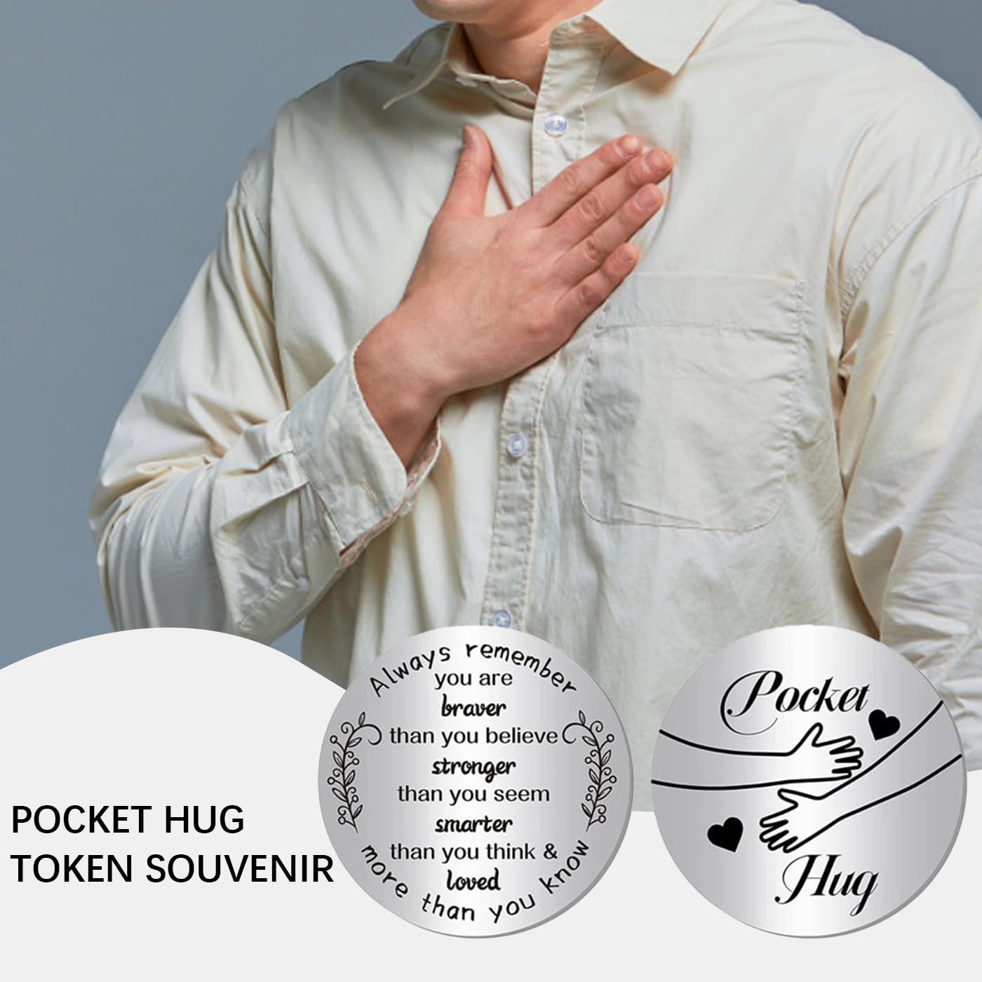 GWAWG Pocket Hug Token Inspirational Long Distance Relationship Keepsake Stainless Double Sided Encouragement Pocket Hug Token Gift with PU Leather Keychain for Friends, Lovers, Family