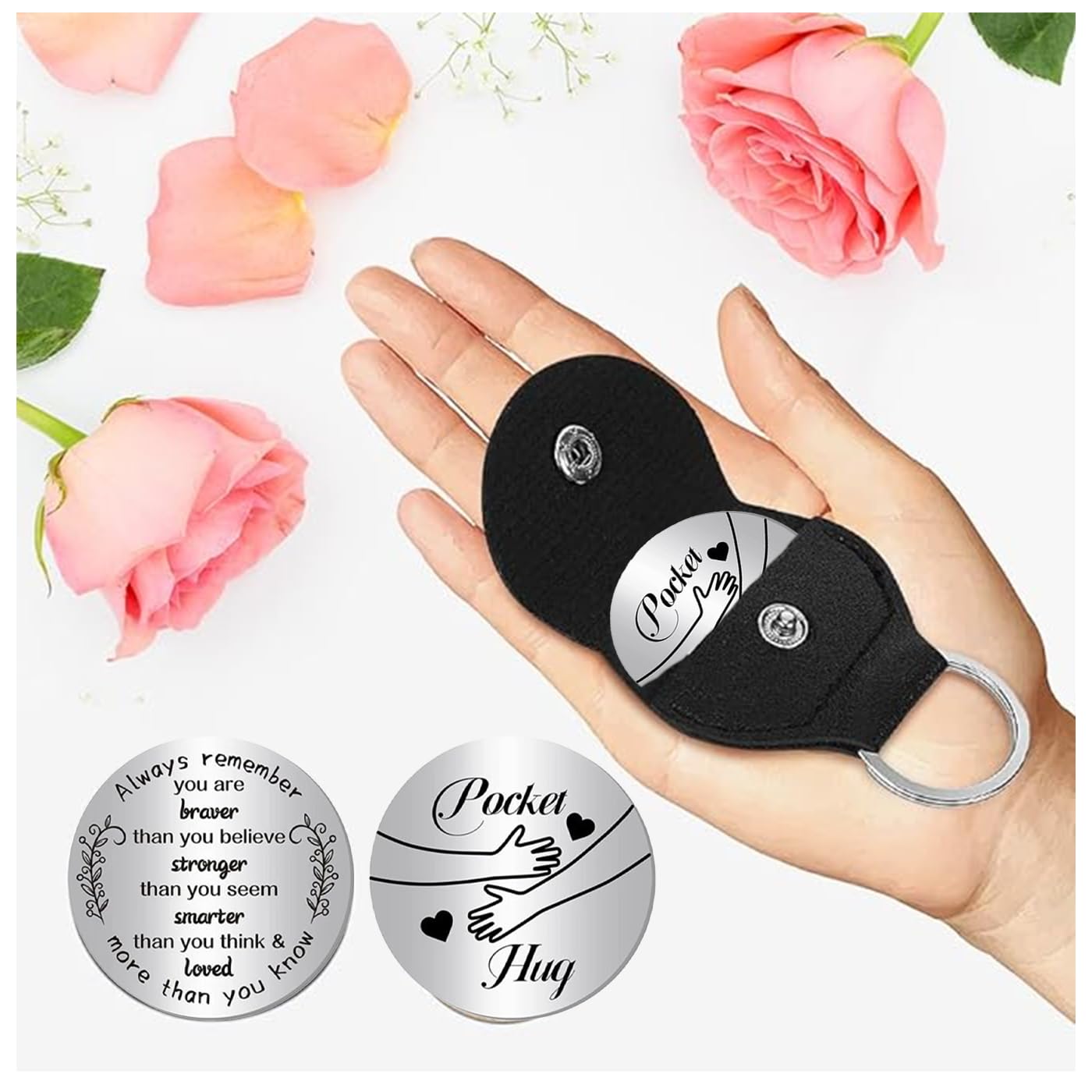 GWAWG Pocket Hug Token Inspirational Long Distance Relationship Keepsake Stainless Double Sided Encouragement Pocket Hug Token Gift with PU Leather Keychain for Friends, Lovers, Family
