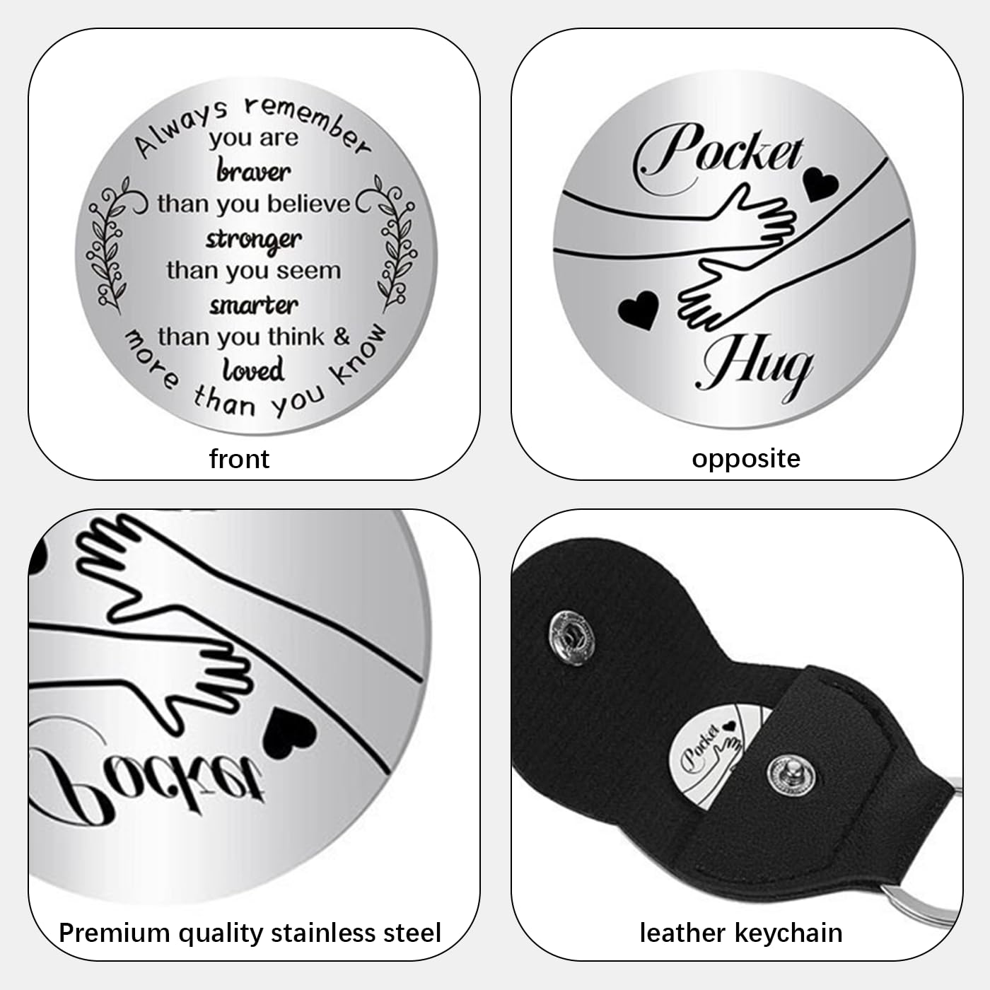 GWAWG Pocket Hug Token Inspirational Long Distance Relationship Keepsake Stainless Double Sided Encouragement Pocket Hug Token Gift with PU Leather Keychain for Friends, Lovers, Family