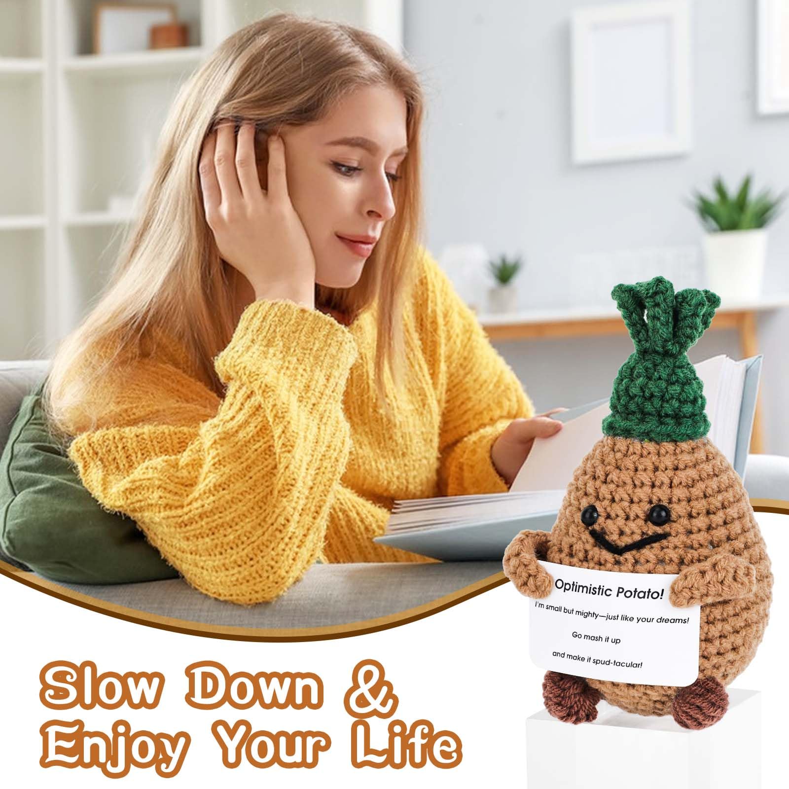 Vspek Pocket Hug Positive Strickwolle Kartoffel, Kreative Emotionalen Unterstützung Puppe mit Karte und Schlüsselanhänger, Feiertage Mutmacher Geschenk, Glücksbringer für prüfung, Lustige Dekoration