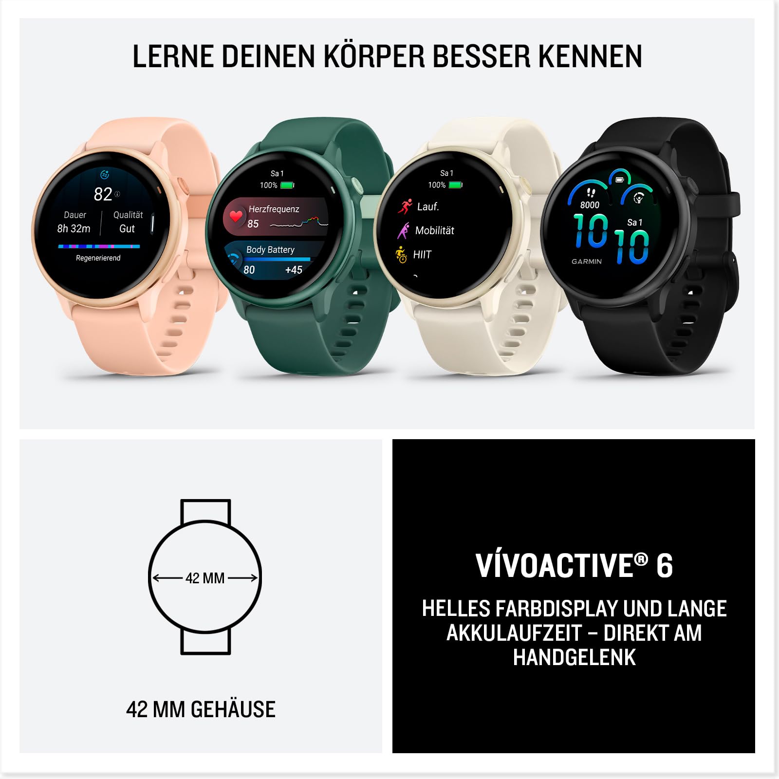 Garmin vívoactive 6 (42 mm) Fitness-Smartwatch, 1,2" AMOLED, bis 11 Tage Akkulaufzeit, 80+ Sport-Apps, Trainings- & Gesundheitsfunktionen