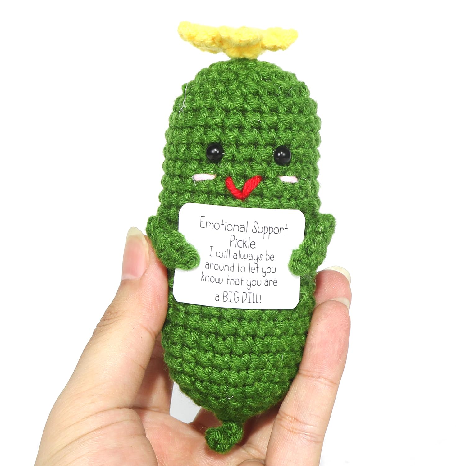 Positive Gurken Puppe, Pocket Hug Mini Plush, Saure Gurken Spielzeug mit Aufmunterung Karte, Kreative Strickwolle Pickle-Häkelpuppe, Geschenk für Freunde Geburtstags Weihnachten Abschieds Motivations