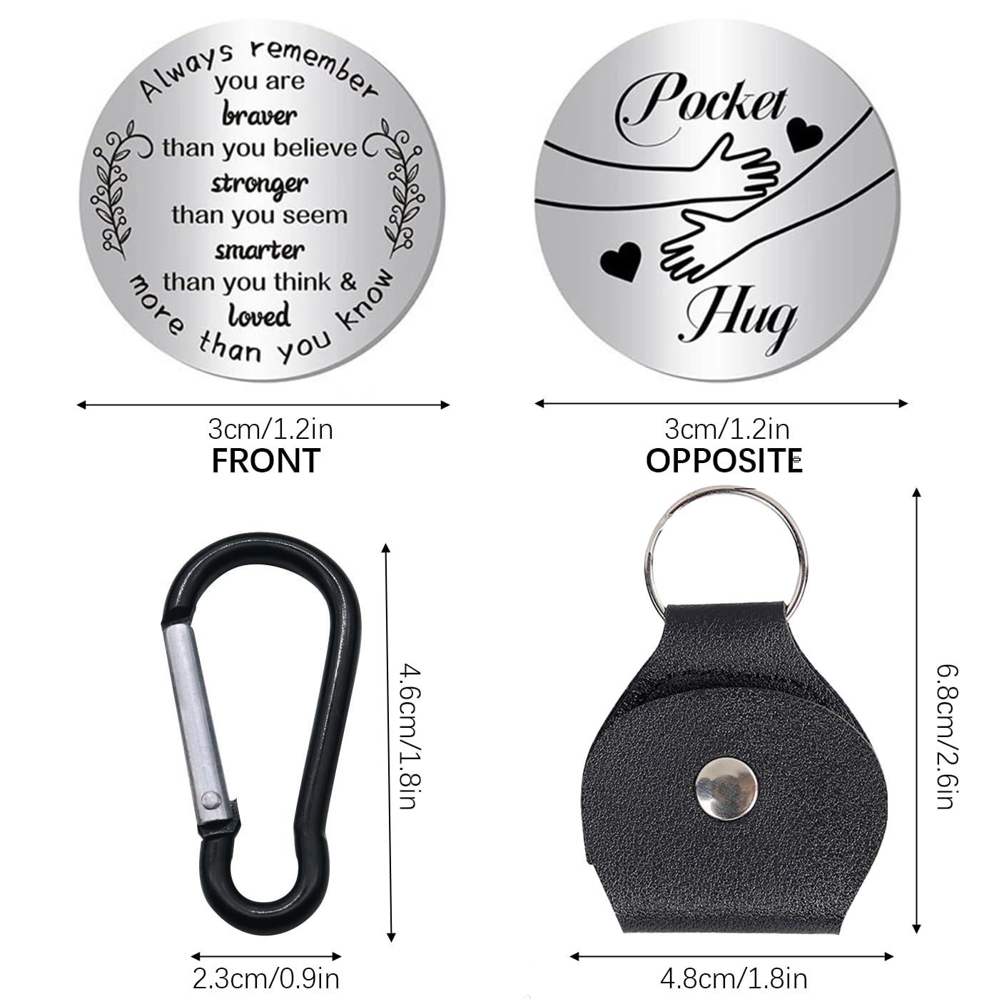 GWAWG Pocket Hug Token Inspirational Long Distance Relationship Keepsake Stainless Double Sided Encouragement Pocket Hug Token Gift with PU Leather Keychain for Friends, Lovers, Family