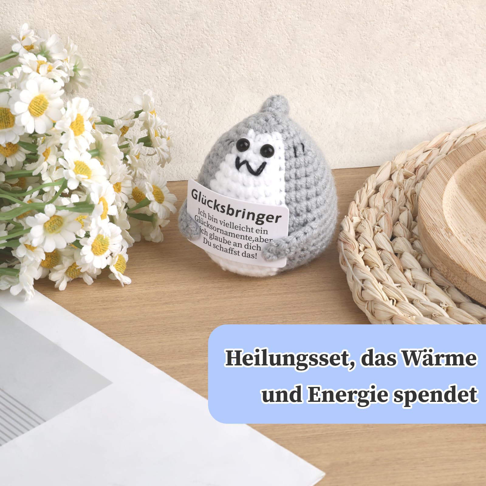 Pocket Hug Hai Kuscheltier, Gehäkelter Haie mit Glücksbringer, Positive Kartoffel, Geschenke für Frauen, Viel Glück Prüfung, Mutmacher Geschenk, Passend zu Ostern, Weihnachten, Muttertag