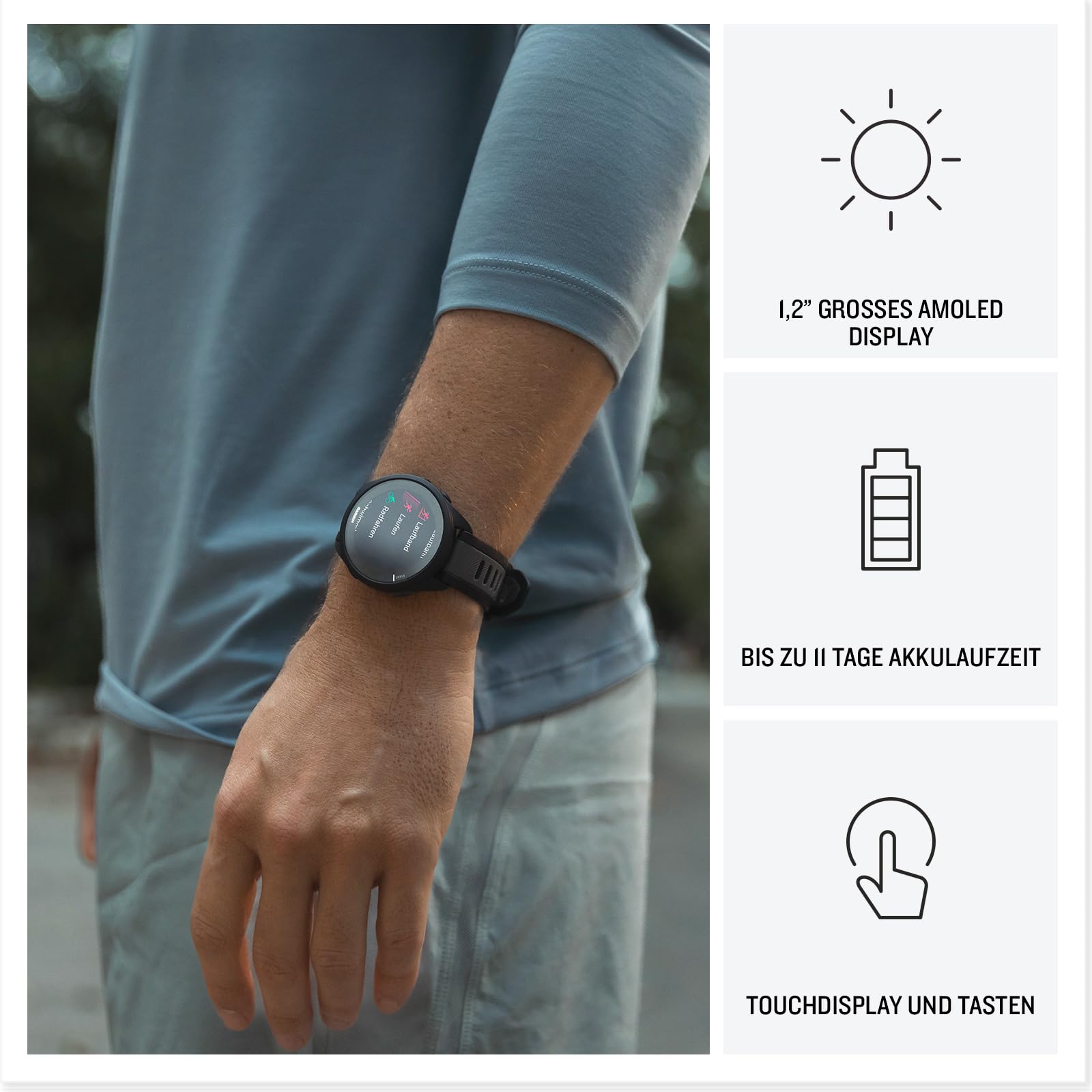 GARMIN Forerunner 165, leichte GPS Smartwatch zum Laufen, mit AMOLED Touchscreen, Trainingsempfehlungen, Gesundheitsdaten, smarten Funktionen