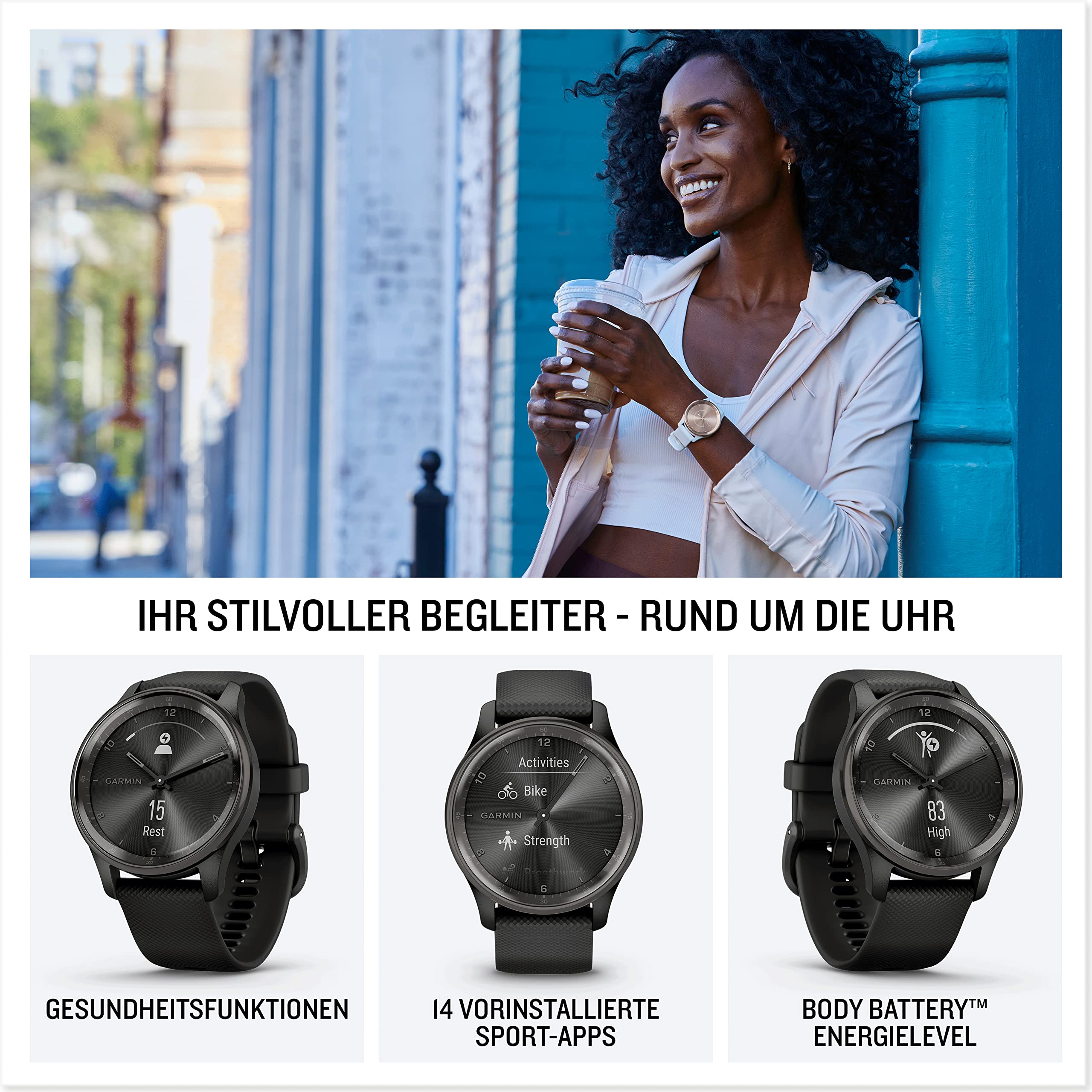 Garmin vívomove Trend Smartwatch, analog & Touchdisplay, Sport- & Gesundheitsfunktionen, Smartphone-Benachrichtigungen, bis 5 Tage Akkulaufzeit