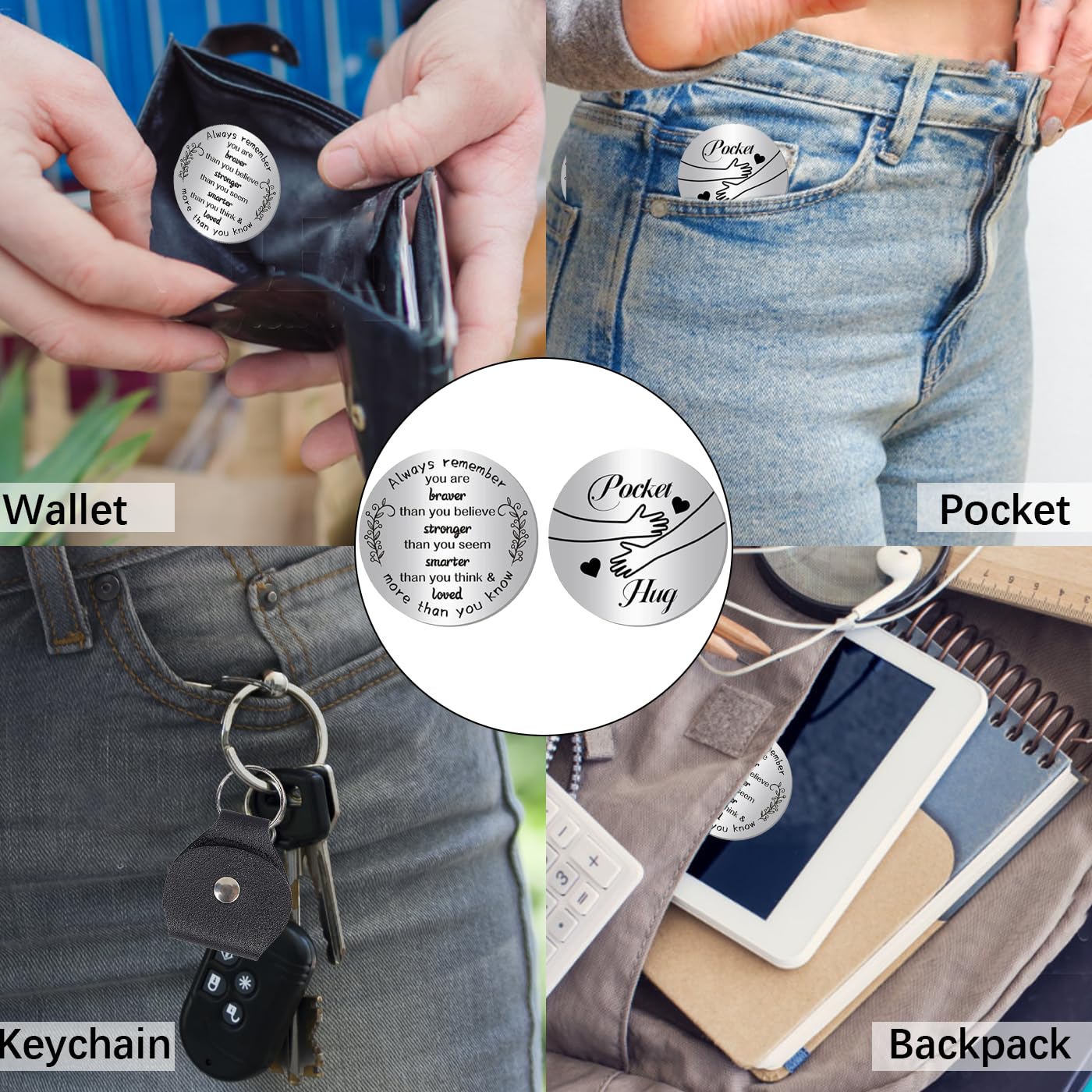 GWAWG Pocket Hug Token Inspirational Long Distance Relationship Keepsake Stainless Double Sided Encouragement Pocket Hug Token Gift with PU Leather Keychain for Friends, Lovers, Family